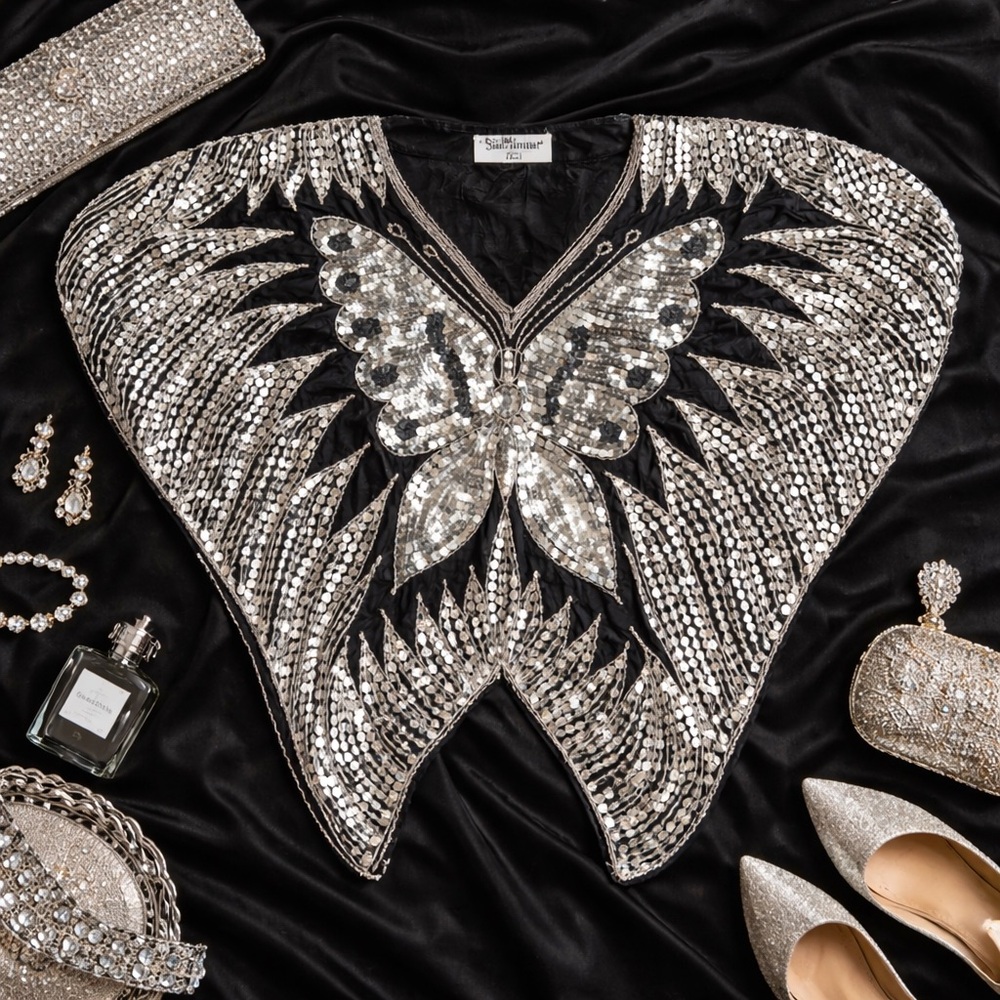 Vintage Shimmer Black Silk Silver Sequin Butterfly Beaded Cape Statement Cape